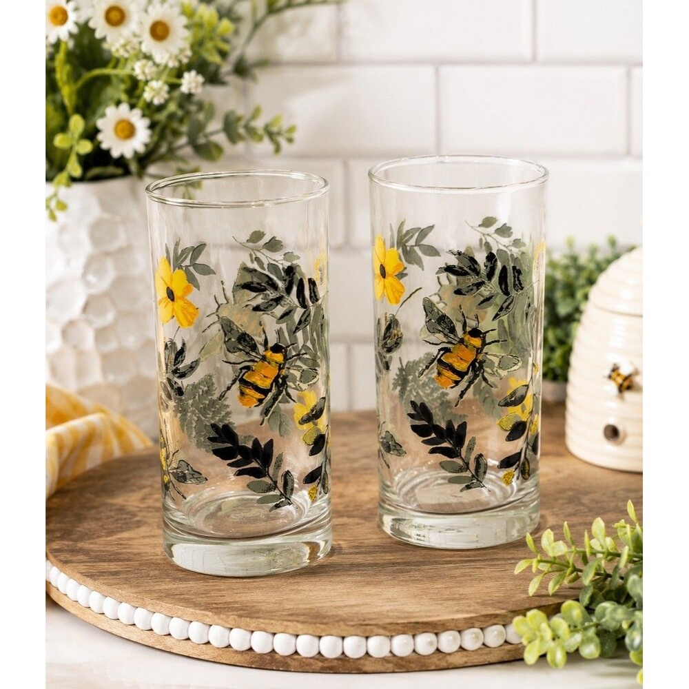 Libbey Royal Norfolk Bees Cooler Glasses Set of 2 16.3 Oz Bee Floral Tumblers